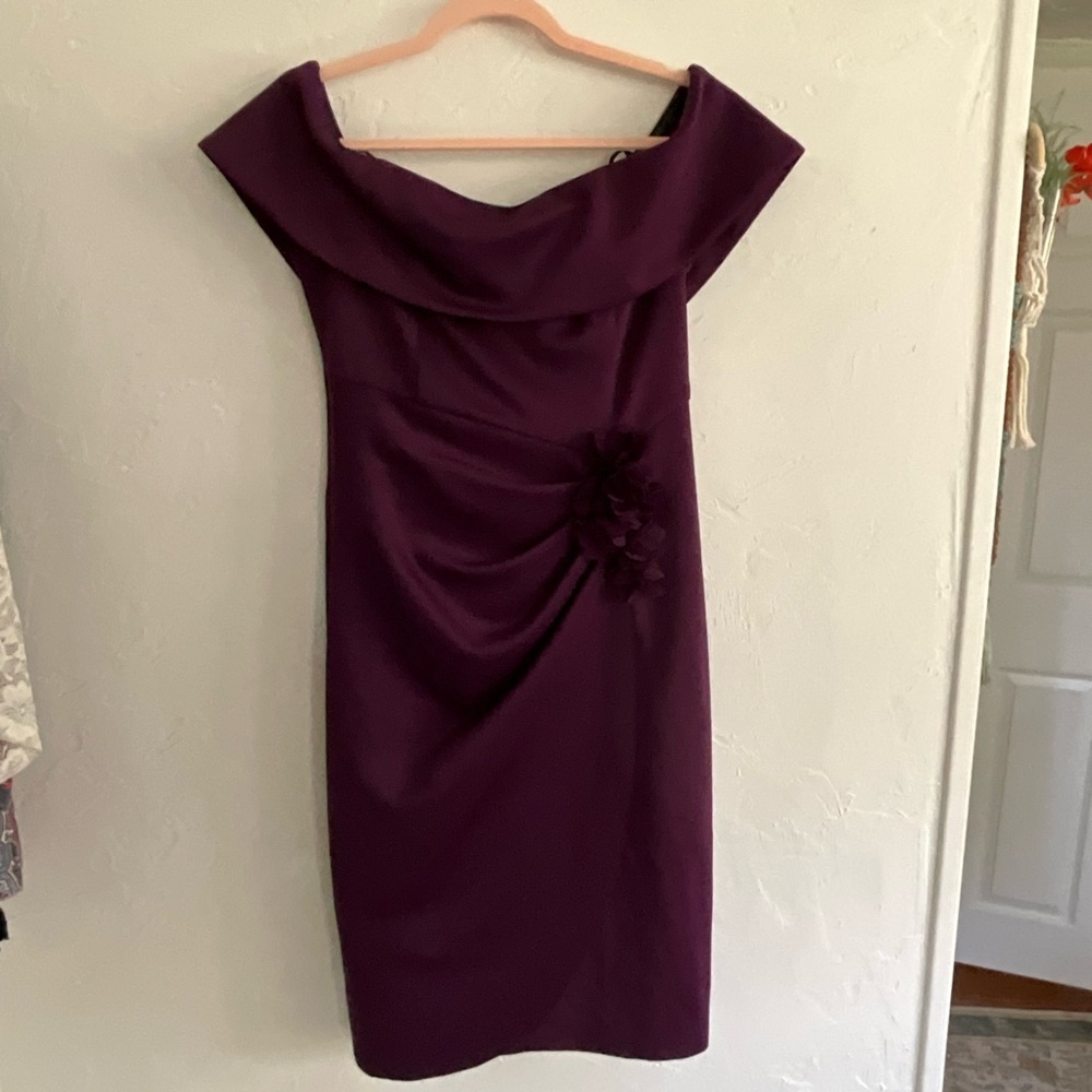 XSCAPE Off the Shoulder Plum Ruched Cocktail Dress 14 NWT